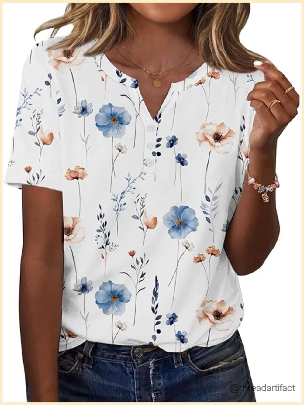 Short Sleeve V Neck Blouse Floral Business Casual Tunic Top Loose Fit